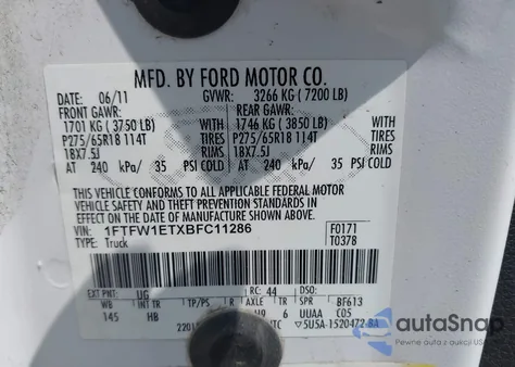 2011 Ford F-150 Lariat from USA, damaged, VIN 1FTFW1ETXBFC11286